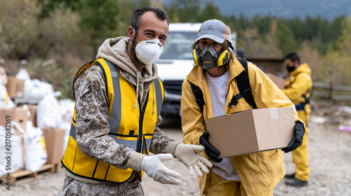 Emergency Response Team A team of volunteers in protective gear work together during a natural disaster, assisting with relief efforts and ensuring community safety.