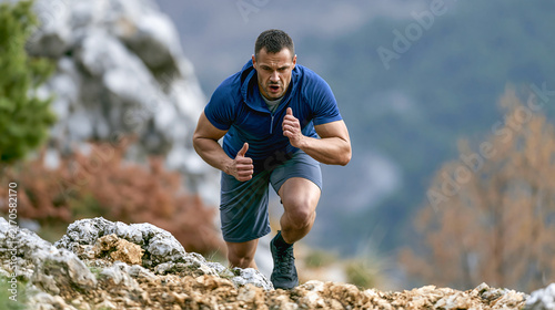 Intense Mountain Climb A determined man in athletic wear sprints uphill on a rocky, uneven terrain, his focused expression conveying peak physical exertion.