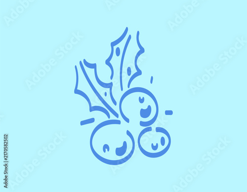 Line art illustration of holly leaves and berries. fruit. holiday, celebration, or Christmas themed design elements. Clip art, symbol, sticker, blue background.