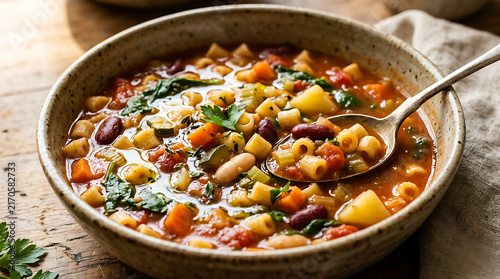 Traditional italian minestrone vegetable soup served in a ceramic bowl with herbs minestrone vegetables homemade delicious potatoes tomatoes nutrition