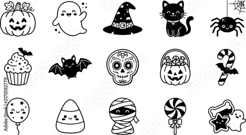 Foto Set of cute hand drawn halloween stickers featuring ghosts pumpkins bats cats an