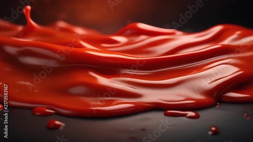 Viscous Tomato Sauce Swirl: A close-up shot captures the rich, glossy texture of flowing tomato sauce, with a dynamic splash creating intriguing ripples on its surface.