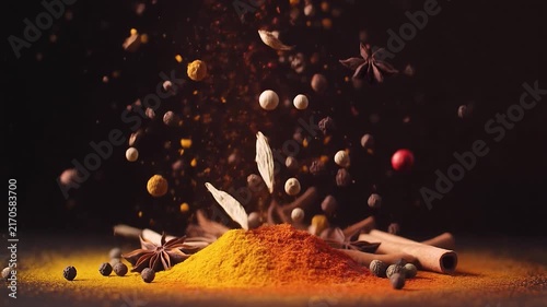 Explosion of Spices: A vibrant mix of colorful spices, including turmeric, peppercorns, star anise, and cinnamon, erupts from a central mound, creating a dynamic culinary spectacle.