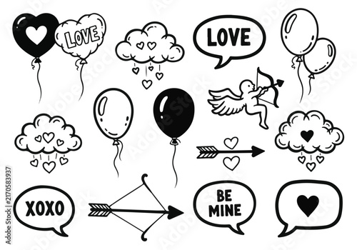 Hand drawn doodle collection of romantic Valentine Day elements and symbols.