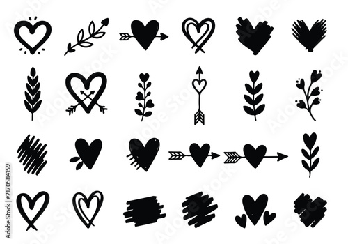 Hand drawn heart and floral doodle icons set.