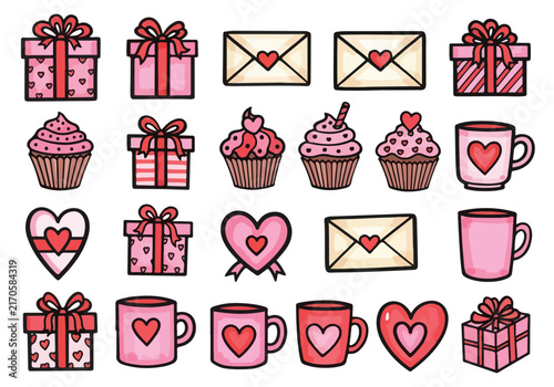 Hand drawn Valentine Day themed icons and stickers collection.