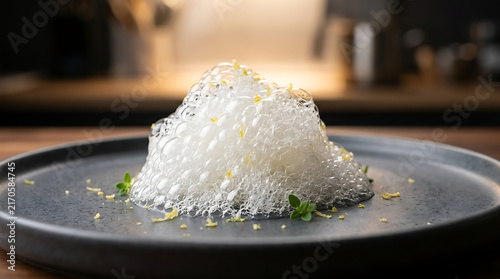 Pile of light culinary foam or citrus air bubbles served on a dark gray plate with molecular gastronomy culinary restaurant transparent textured lighting