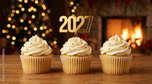 2027 Cupcake Trio in Front of Fireplace With Festive Bokeh Lights
