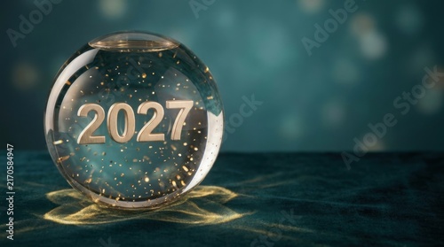 Crystal Glass Sphere With 2027 Number and Golden Sparkles on Dark Surface