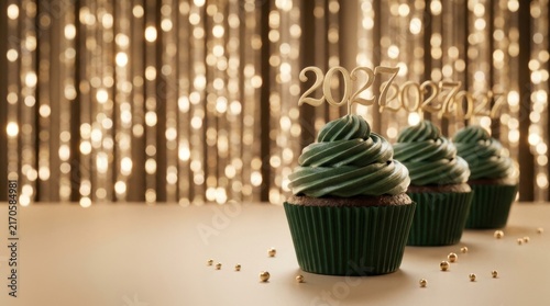 Three Festive Cupcakes With 2027 Toppers and Golden Bokeh Lights