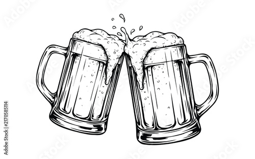 Beer mugs toasting vector black and white sketch hand drawn clinking glass beer glasses foam splash isolated illustration background