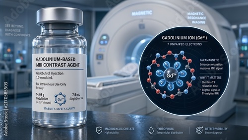 Clinical mri contrast agent vial with a microscopic scientific inset revealing gadolinium ions gd3+ featuring multiple unpaired electrons for enhanced imaging
