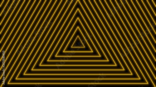 Glowing yellow neon triangle tunnel animation creating a futuristic geometric loop on a dark background.