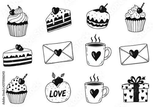 Hand drawn doodle collection of romantic sweets and gifts.