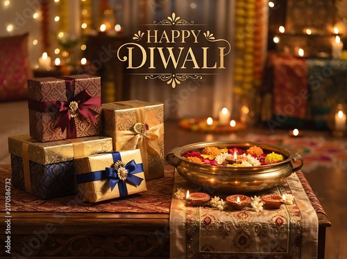 Diwali festival celebration with gift boxes, traditional oil lamps or diyas, and a decorative floral bowl on a wooden table in a warm, festive home interior