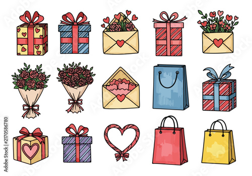 Hand drawn collection of Valentine Day gifts and romantic items.