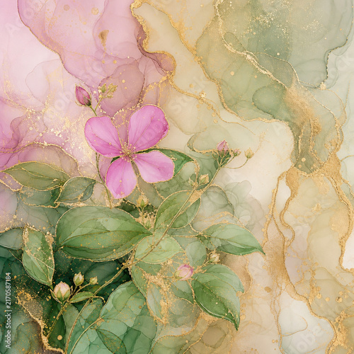 Pink floral alcohol ink background with green leaves and gold lines