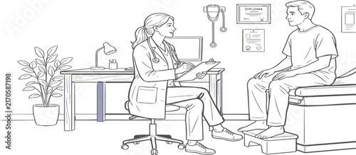 Medical consultation sketch, doctor talking to patient in clinic, healthcare interaction line art