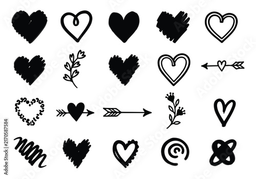 A collection of hand-drawn black ink doodle elements featuring hearts arrows and floral motifs on a white background.
