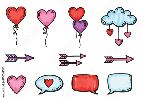 Hand drawn Valentine Day doodle elements set.