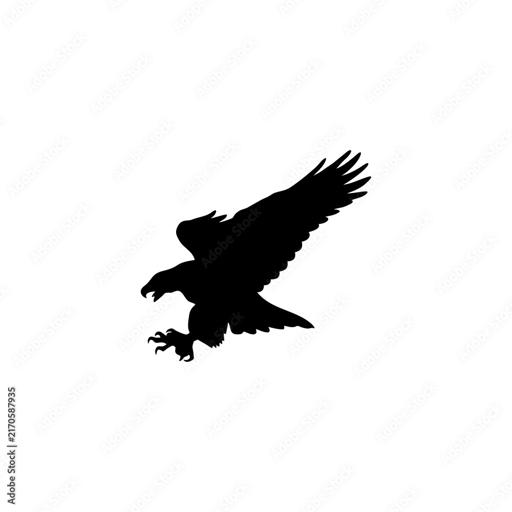 Fototapeta premium Silhouette of a Predatory Eagle Flying with Sharp Talons Extended in a Powerful Dynamic Hunting Posture Vector Graphic Design Element