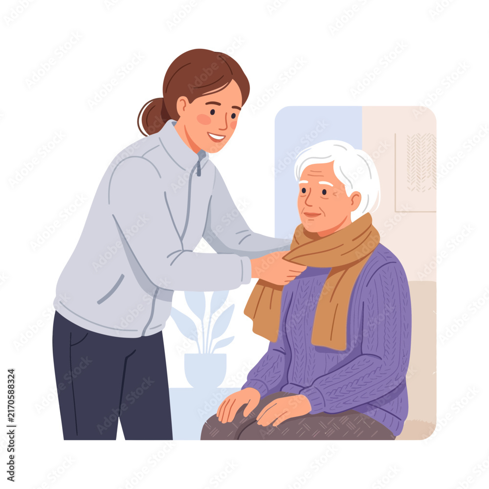 Fototapeta premium Caring young woman helps elderly person wrap a scarf, illustration of kindness and support