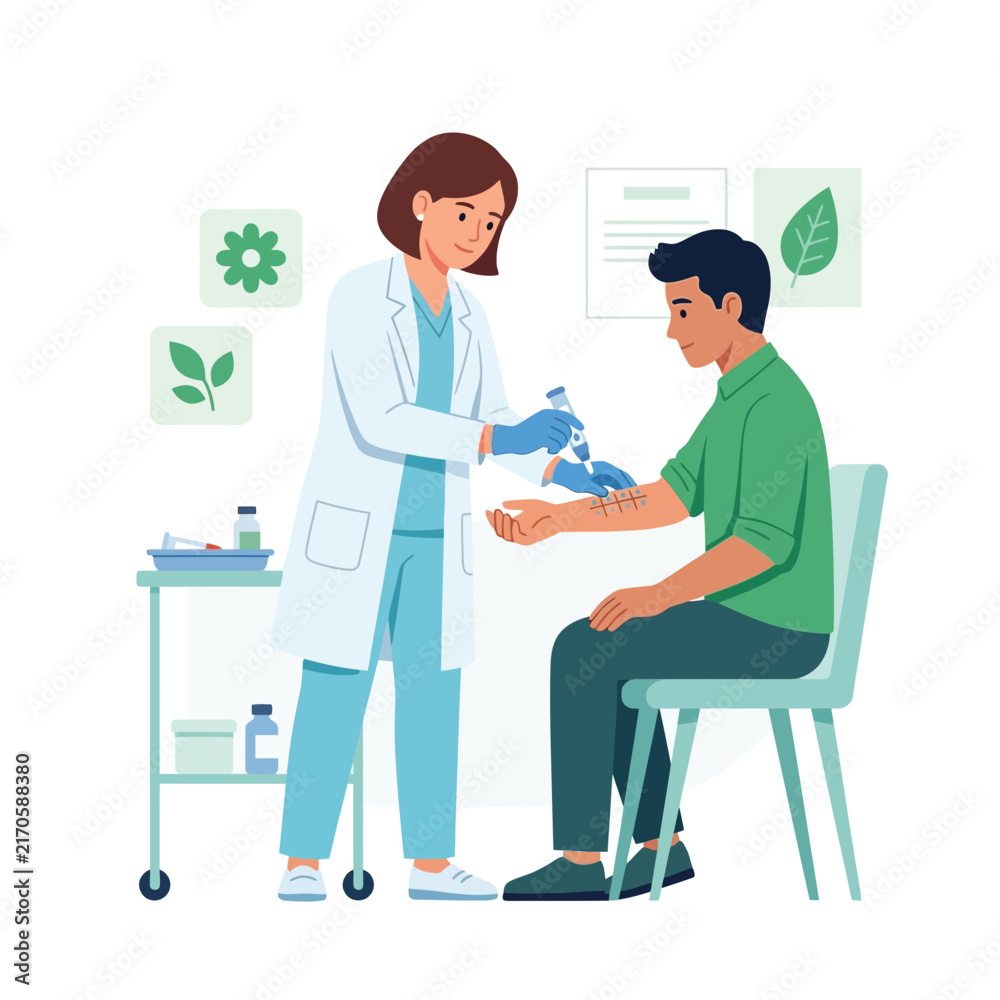 Obraz premium Doctor Performing Allergy Skin Test on Patient, Medical Check-up and Healthcare Concept