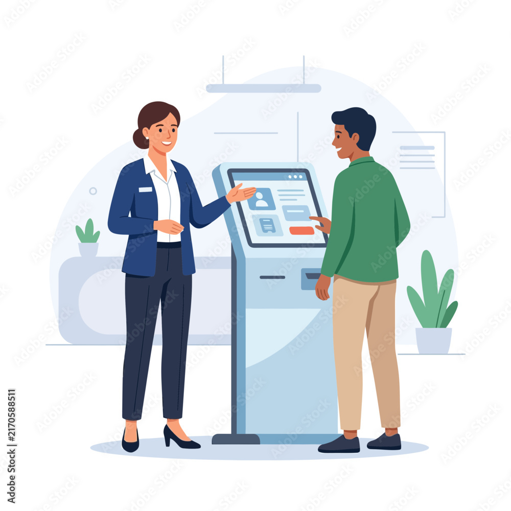 Fototapeta premium Customer Service Representative Assists Man Using Interactive Kiosk