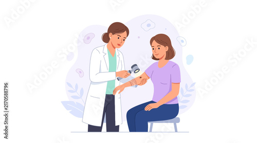 Dermatologist examining mole on patient's arm with dermatoscope, medical check-up concept illustration