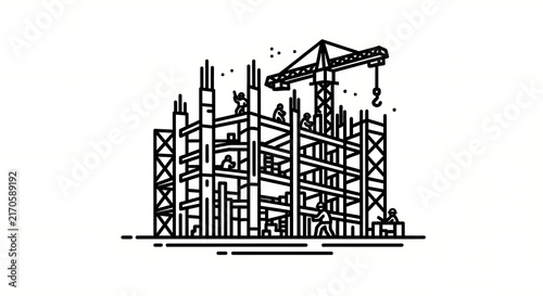 A black and white line art illustration of a building construction site with workers