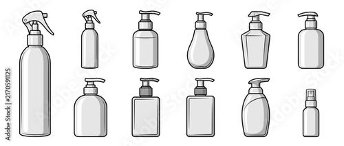 Collection of assorted dispenser bottles isolated