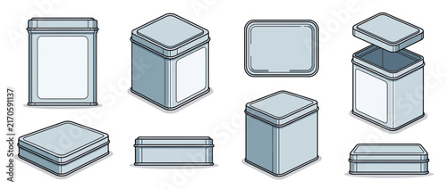 Collection of Isolated Metal Tins and Boxes in Isometric View
