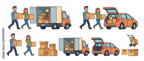 Couple Loading Boxes into Truck and Car for Moving