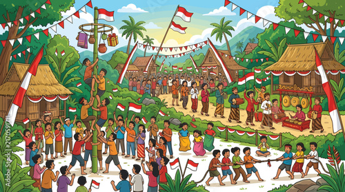 Vibrant Indonesian Independence Day Celebration with Traditional Games.