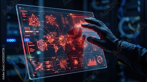 Naklejka A hand interacting with a holographic screen displaying complex data and visualizations in a tech environment.
