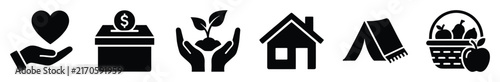 Set of charity, donation, and humanitarian aid icons. Basic needs, social welfare, community support, giving, care, environment, food, housing symbols, flat glyph pictograms.