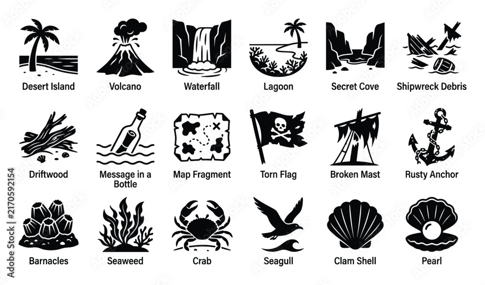 Fototapeta premium Set of pirate adventure and tropical island icons. Treasure map, shipwreck, desert island, volcano, lagoon, sea life symbols. Vector collection for web and app.