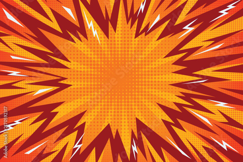 Explosive radial sunburst pattern with bold orange rays. Energetic anime backdrop for superhero posters, retro gaming graphics and action illustrations. Vector comic halftone background