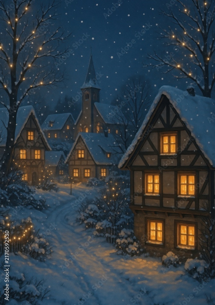 Naklejka premium Cozy winter village scene