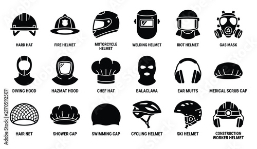 Headwear icons set. Protective helmets, safety gear, masks, caps, hats. Essential symbols for work, sports, personal use. Web, app, UI, mobile interface pictograms.
