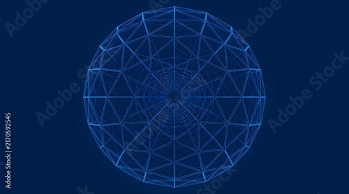 Intricate blue wireframe geodesic dome on a dark navy background representing global networks and futuristic technology