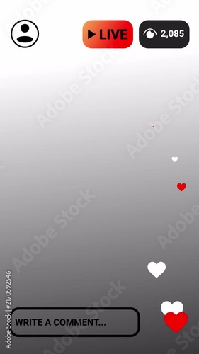 4K Social Media Live Stream UI Overlay, Chat Comments, Like Fountain and Viewers Badge ,Live Streaming overlay animation for social media, social media live streaming tempelates with flying hearts.
