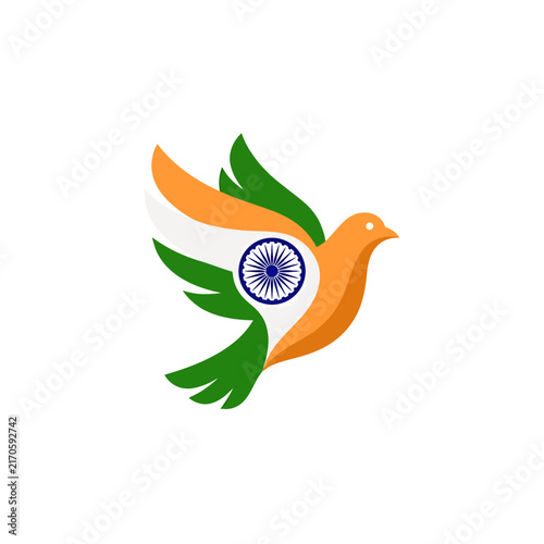 Stylized flying dove illustration incorporating the colors and chakra symbol of the Indian national flag.