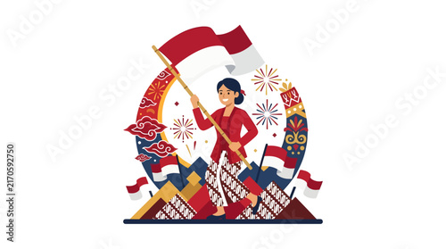 Indonesian woman wearing traditional kebaya holding a national flag celebrating independence day.