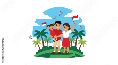 Happy Indonesian family celebrating independence day with flags on a tropical island illustration.