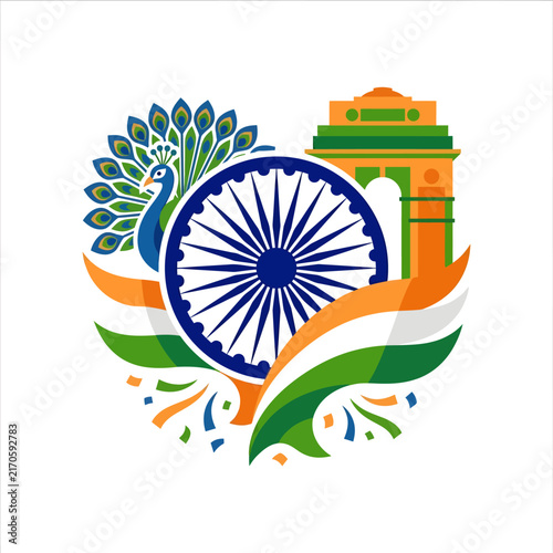 Graphic illustration representing Indian national symbols with peacock and India Gate monument.