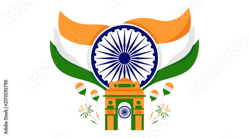 Illustration of India Gate with national flag colors and Ashoka Chakra for Independence Day celebration.