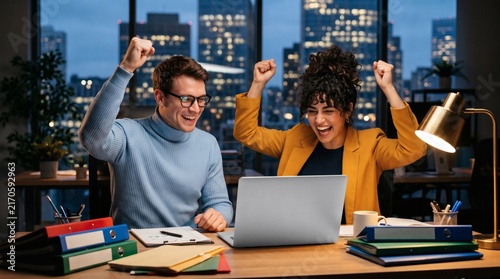 Excited coworkers celebrating business success while working late in office
