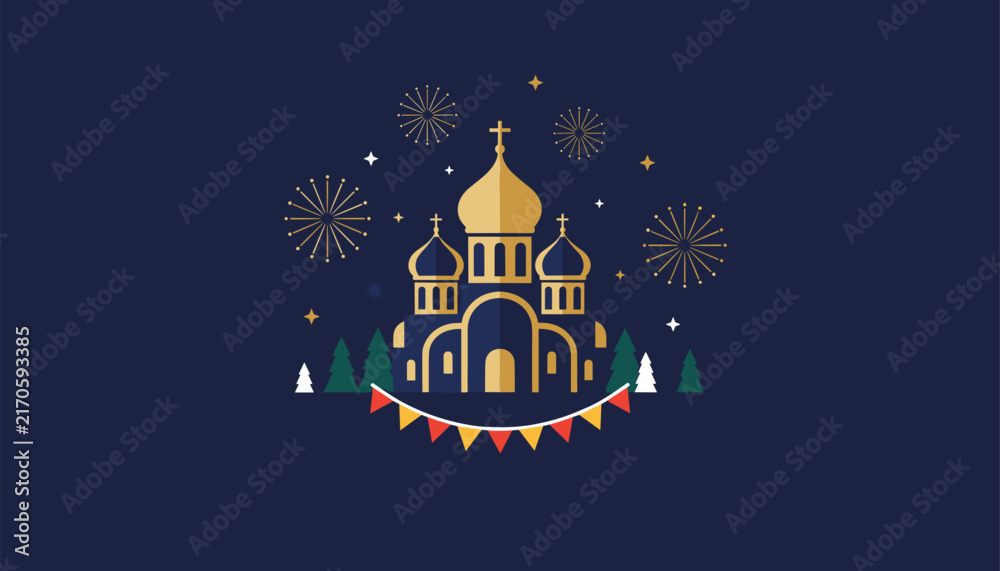Fototapeta premium Gorgeous golden church cathedral illuminated at night during a celebratory festival with brilliant fireworks.