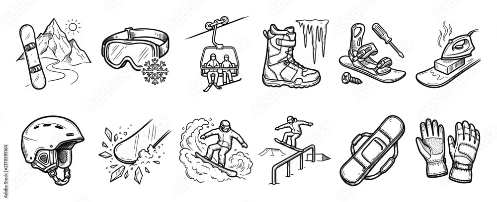 Fototapeta premium Set of snowboarding icons. Winter sport equipment, snowboarder activities, gear, mountain recreation, ski resort elements, cold weather essentials, outdoor adventure symbols.